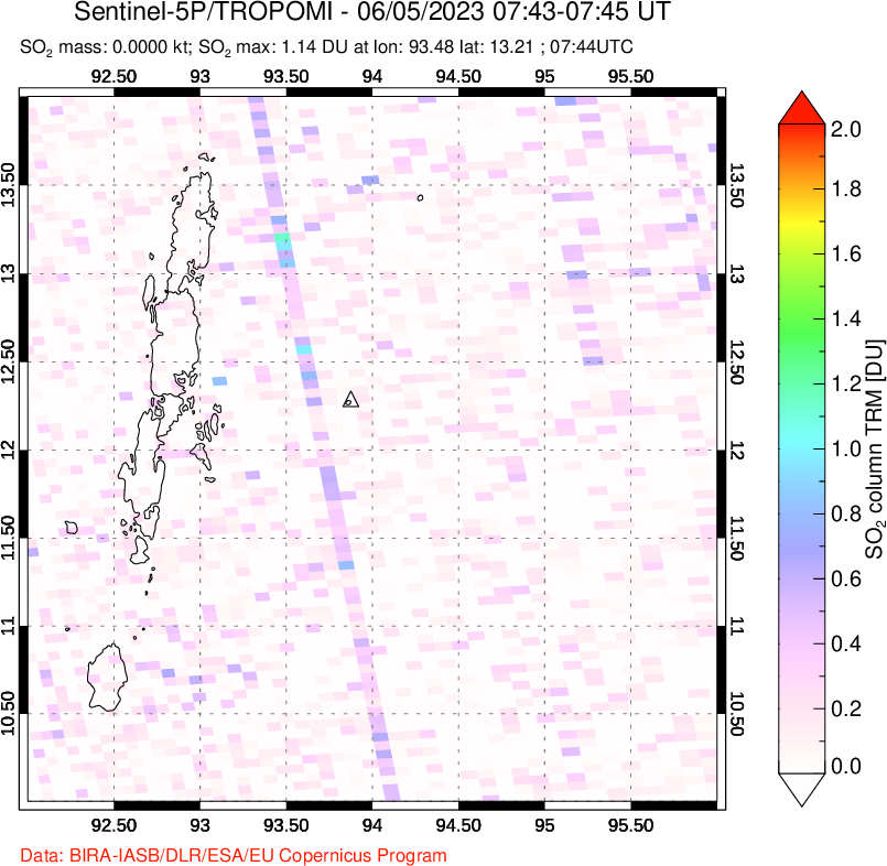 A sulfur dioxide image over Andaman Islands, Indian Ocean on Jun 05, 2023.