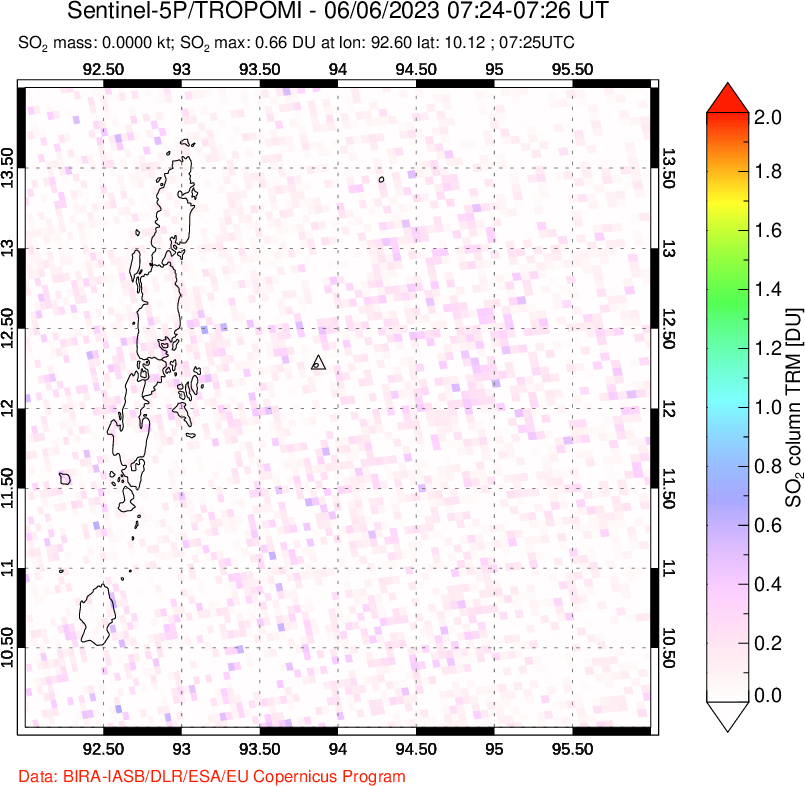 A sulfur dioxide image over Andaman Islands, Indian Ocean on Jun 06, 2023.