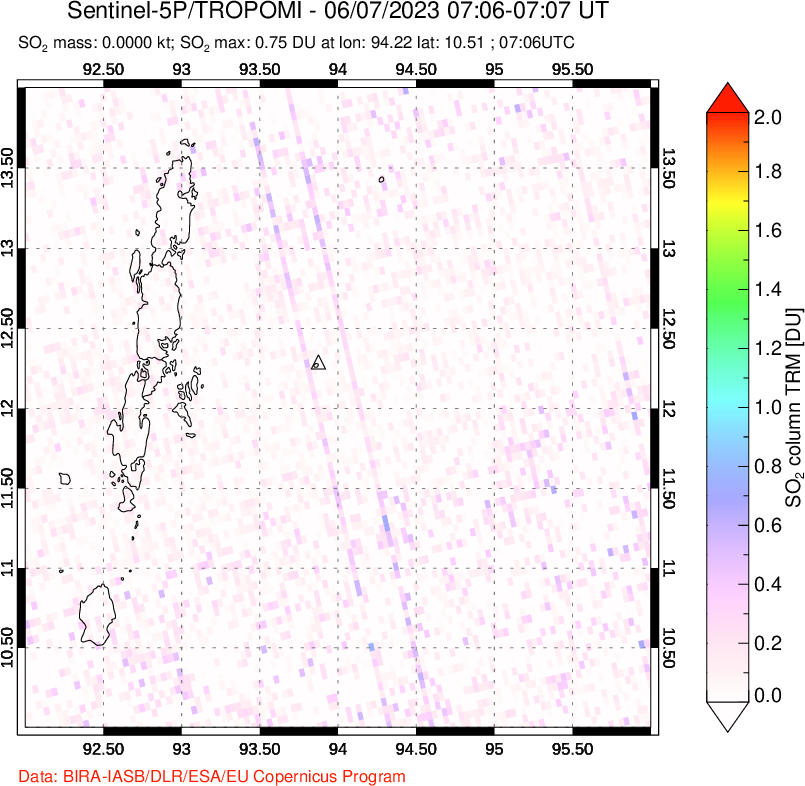 A sulfur dioxide image over Andaman Islands, Indian Ocean on Jun 07, 2023.