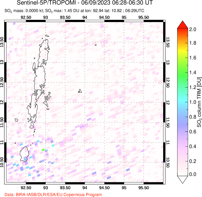 A sulfur dioxide image over Andaman Islands, Indian Ocean on Jun 09, 2023.