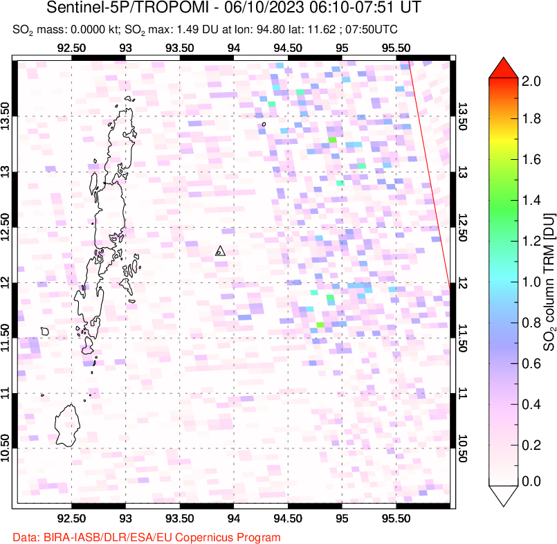 A sulfur dioxide image over Andaman Islands, Indian Ocean on Jun 10, 2023.