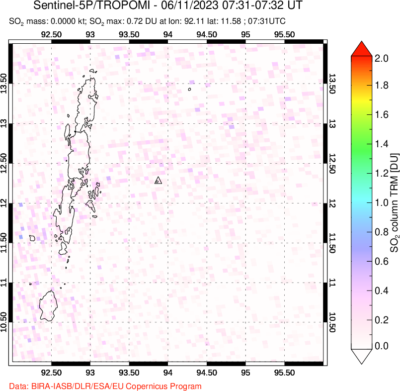 A sulfur dioxide image over Andaman Islands, Indian Ocean on Jun 11, 2023.