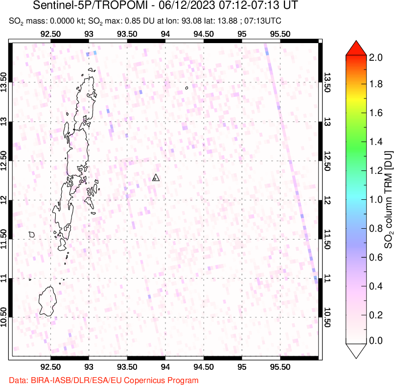 A sulfur dioxide image over Andaman Islands, Indian Ocean on Jun 12, 2023.