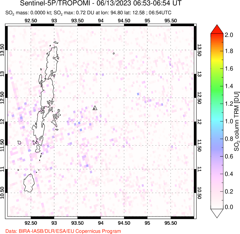 A sulfur dioxide image over Andaman Islands, Indian Ocean on Jun 13, 2023.