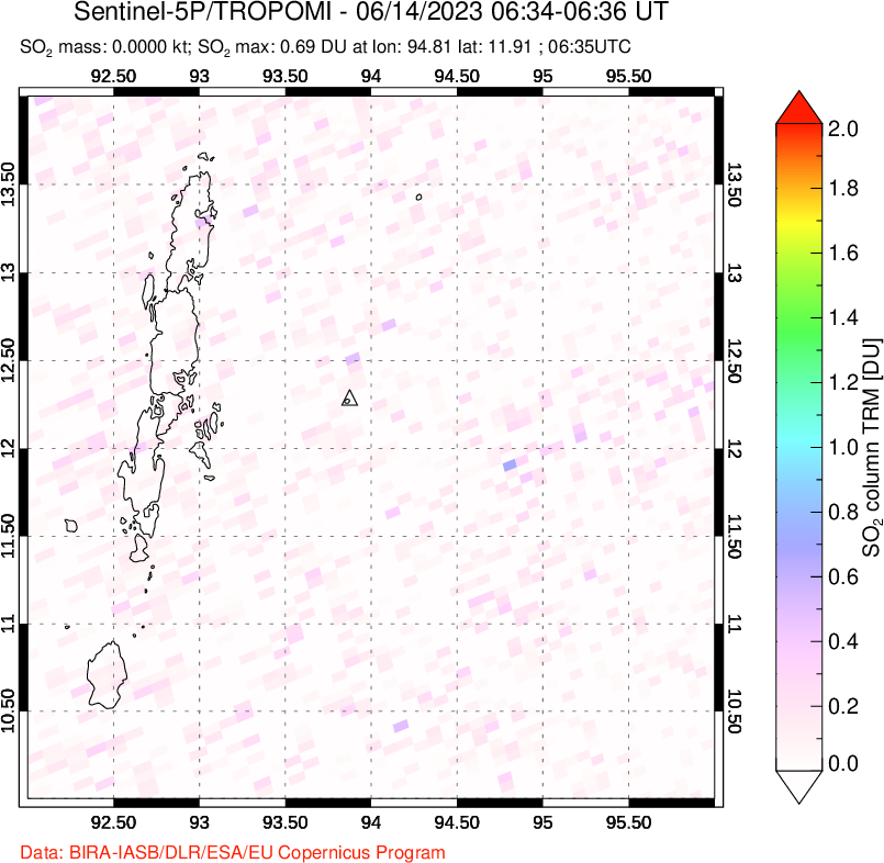A sulfur dioxide image over Andaman Islands, Indian Ocean on Jun 14, 2023.