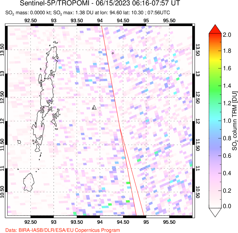 A sulfur dioxide image over Andaman Islands, Indian Ocean on Jun 15, 2023.