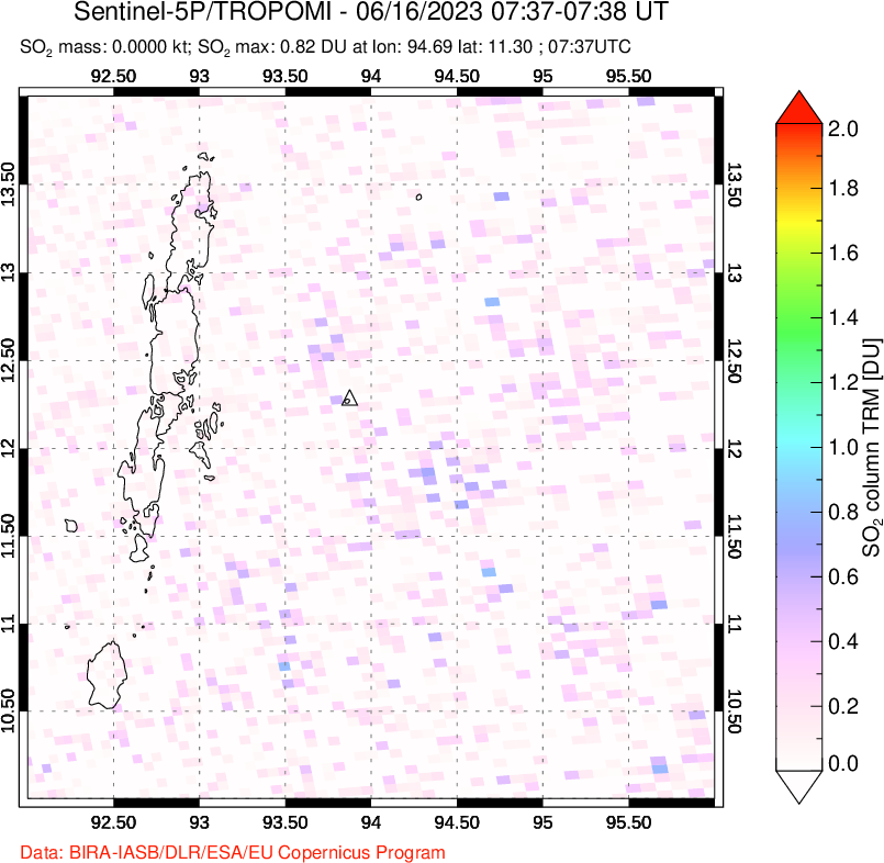 A sulfur dioxide image over Andaman Islands, Indian Ocean on Jun 16, 2023.