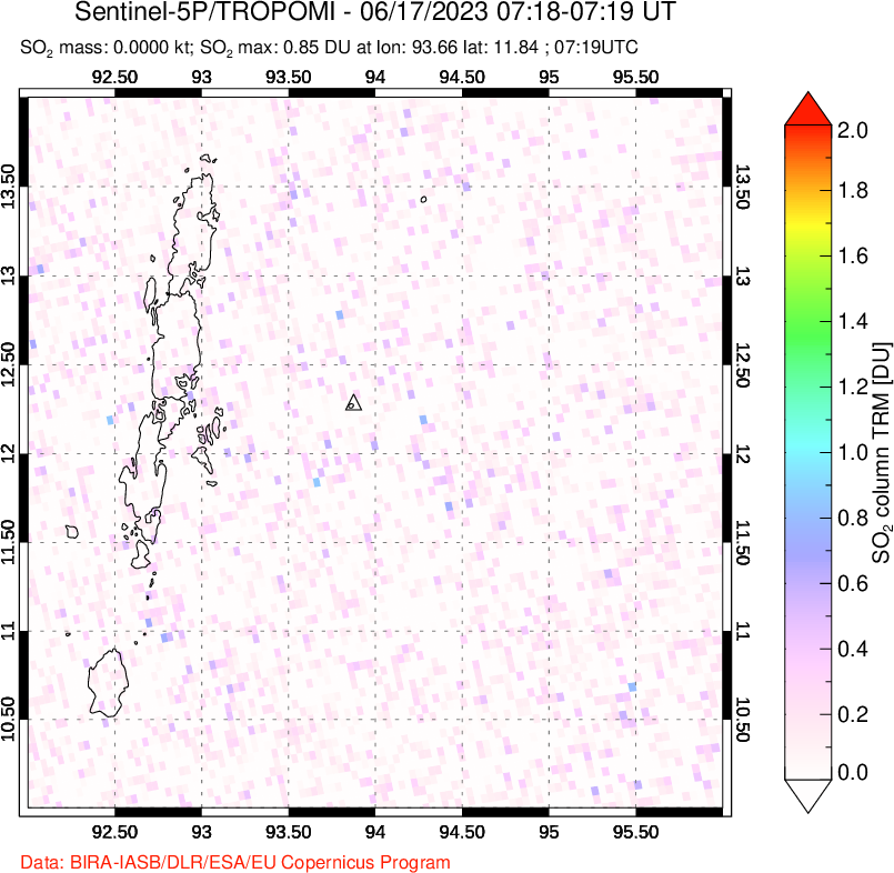 A sulfur dioxide image over Andaman Islands, Indian Ocean on Jun 17, 2023.