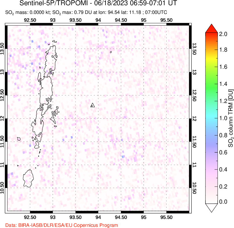 A sulfur dioxide image over Andaman Islands, Indian Ocean on Jun 18, 2023.