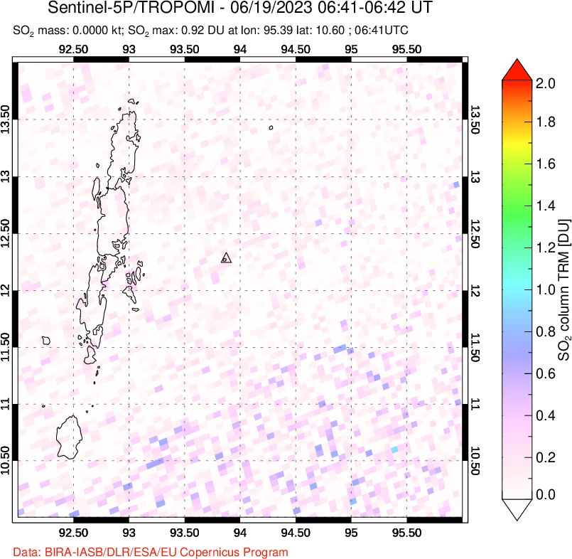 A sulfur dioxide image over Andaman Islands, Indian Ocean on Jun 19, 2023.