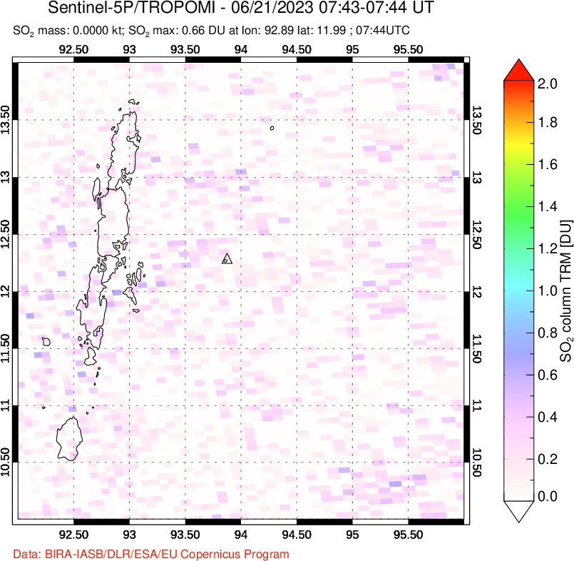 A sulfur dioxide image over Andaman Islands, Indian Ocean on Jun 21, 2023.