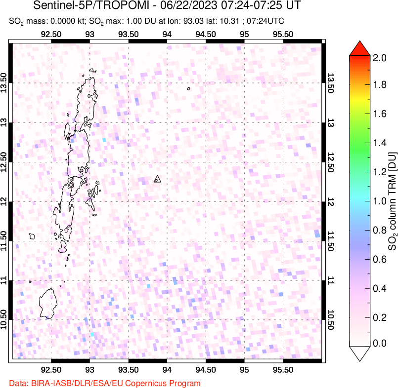 A sulfur dioxide image over Andaman Islands, Indian Ocean on Jun 22, 2023.