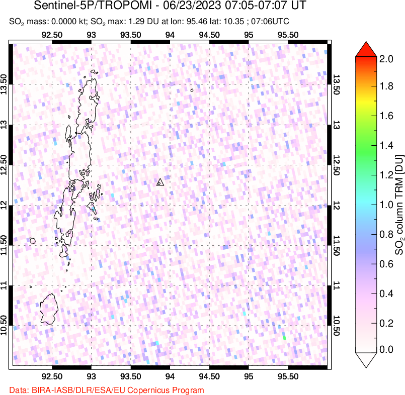 A sulfur dioxide image over Andaman Islands, Indian Ocean on Jun 23, 2023.