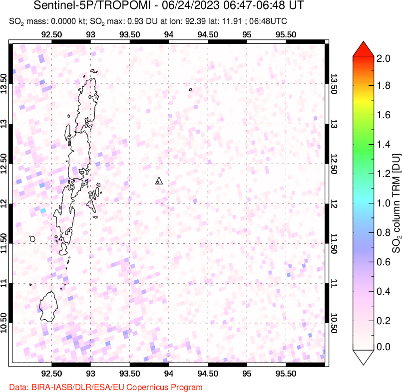 A sulfur dioxide image over Andaman Islands, Indian Ocean on Jun 24, 2023.