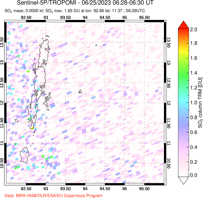 A sulfur dioxide image over Andaman Islands, Indian Ocean on Jun 25, 2023.
