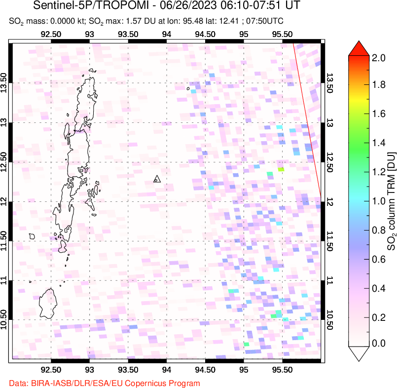 A sulfur dioxide image over Andaman Islands, Indian Ocean on Jun 26, 2023.