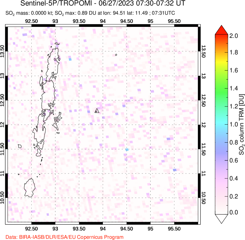 A sulfur dioxide image over Andaman Islands, Indian Ocean on Jun 27, 2023.