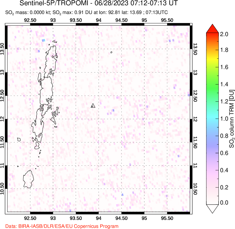 A sulfur dioxide image over Andaman Islands, Indian Ocean on Jun 28, 2023.