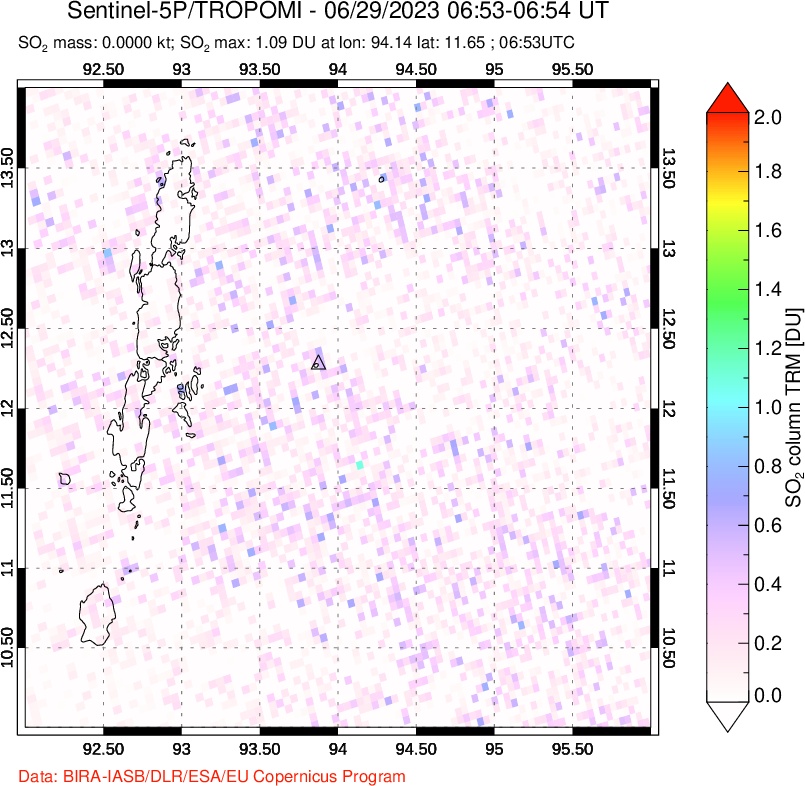 A sulfur dioxide image over Andaman Islands, Indian Ocean on Jun 29, 2023.