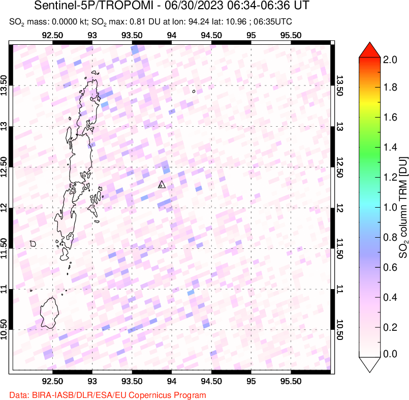 A sulfur dioxide image over Andaman Islands, Indian Ocean on Jun 30, 2023.