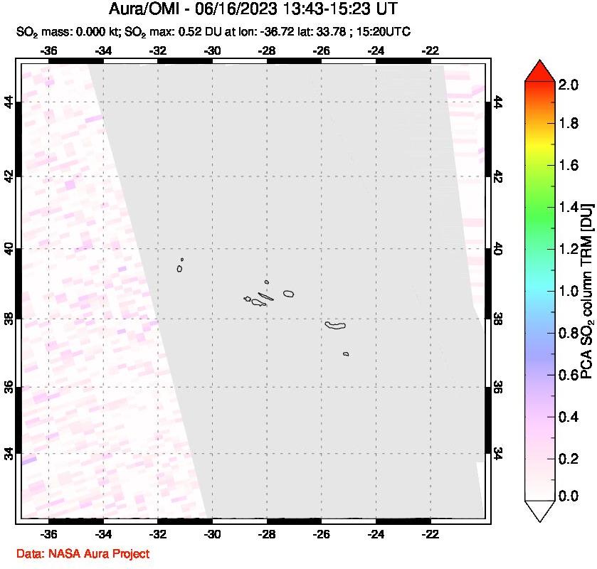 A sulfur dioxide image over Azore Islands, Portugal on Jun 16, 2023.