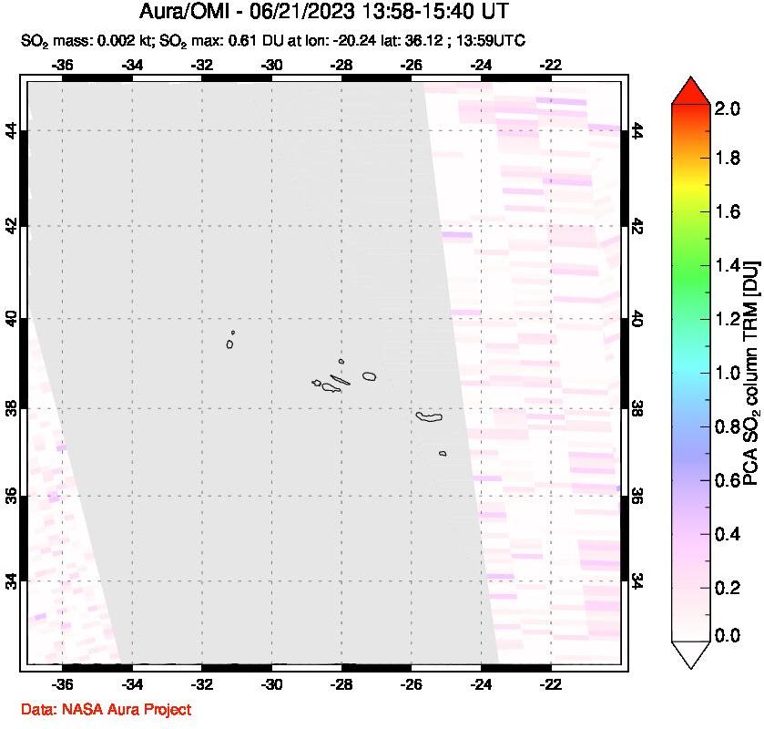 A sulfur dioxide image over Azore Islands, Portugal on Jun 21, 2023.