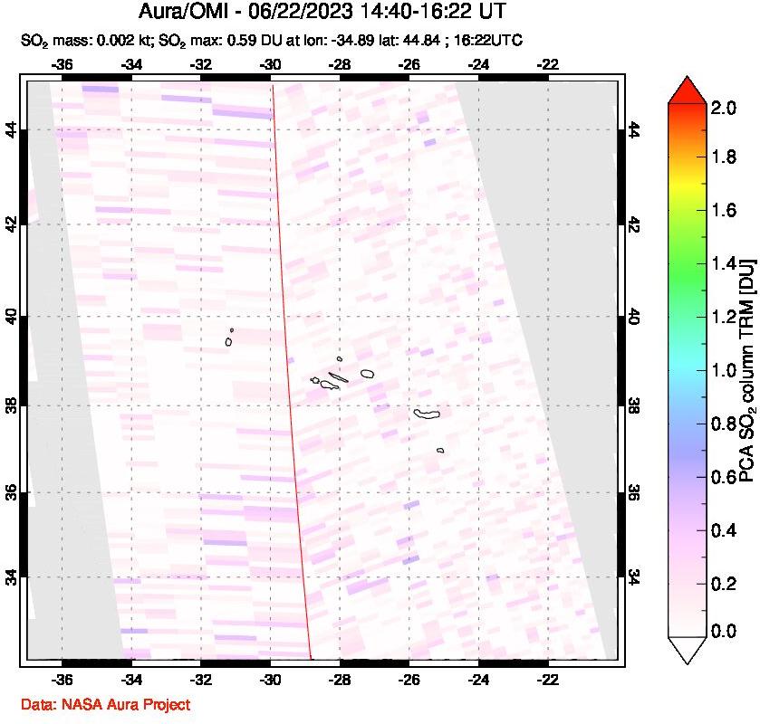 A sulfur dioxide image over Azore Islands, Portugal on Jun 22, 2023.