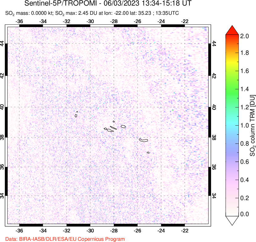 A sulfur dioxide image over Azore Islands, Portugal on Jun 03, 2023.