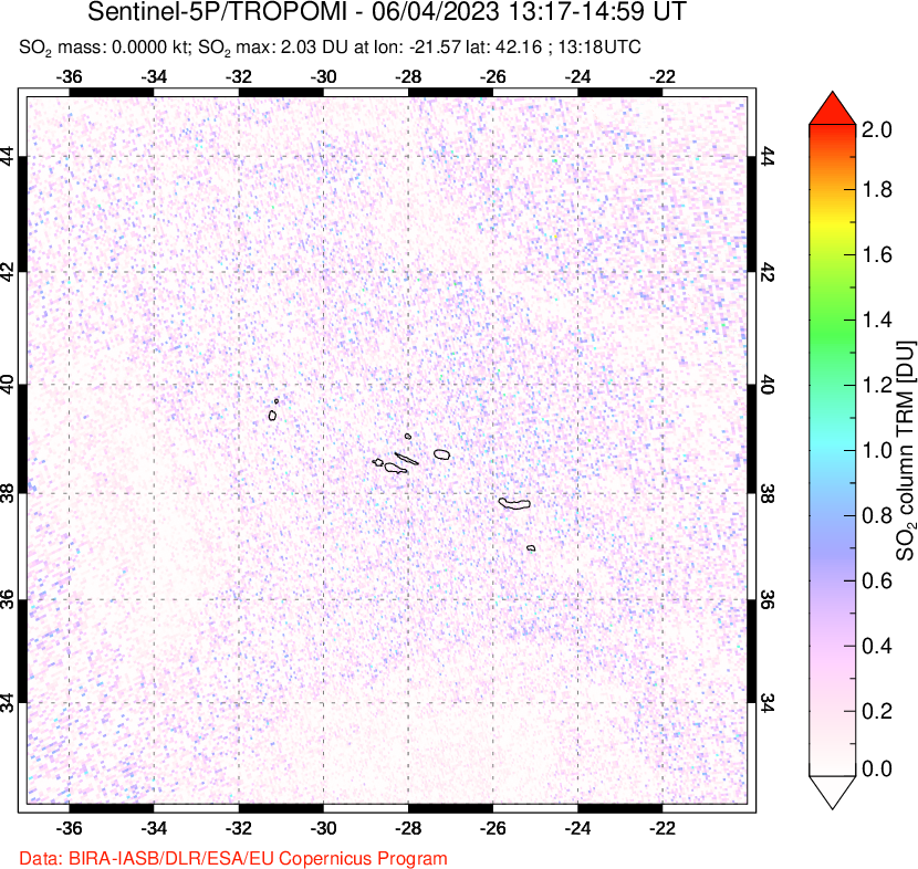 A sulfur dioxide image over Azore Islands, Portugal on Jun 04, 2023.