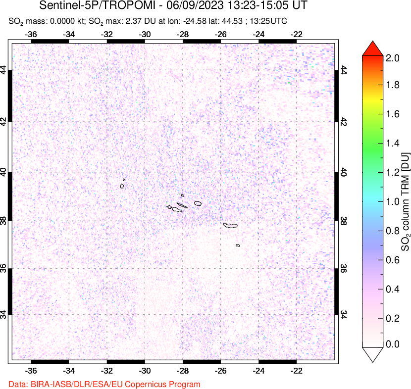 A sulfur dioxide image over Azore Islands, Portugal on Jun 09, 2023.