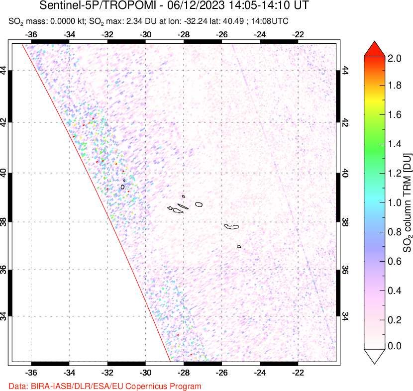 A sulfur dioxide image over Azore Islands, Portugal on Jun 12, 2023.