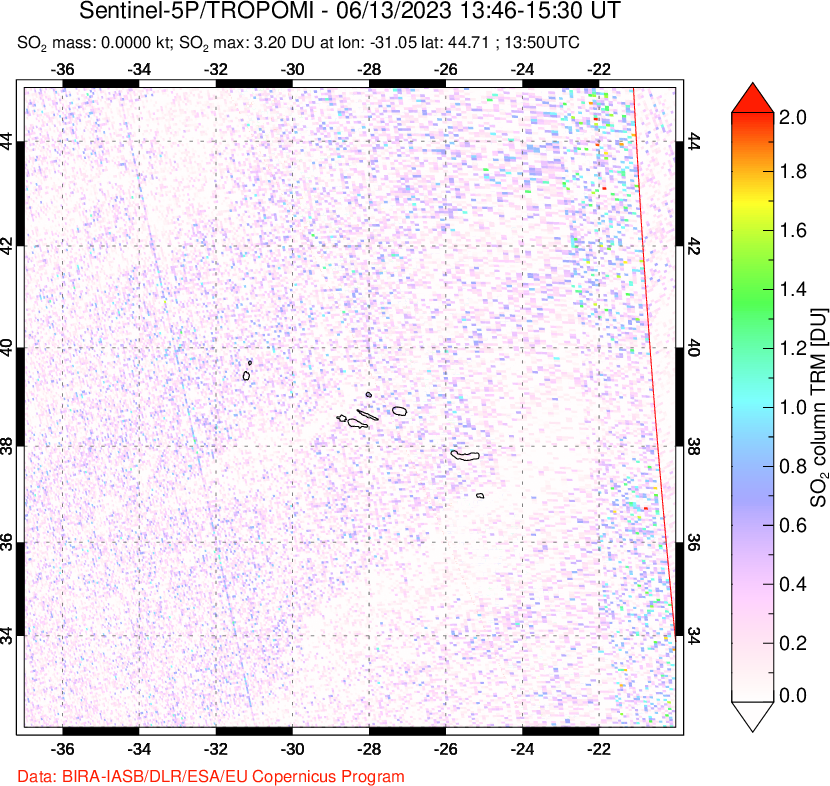A sulfur dioxide image over Azore Islands, Portugal on Jun 13, 2023.