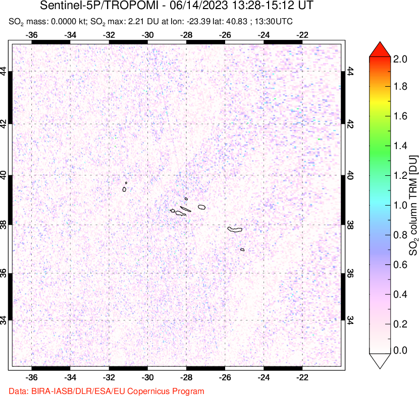 A sulfur dioxide image over Azore Islands, Portugal on Jun 14, 2023.