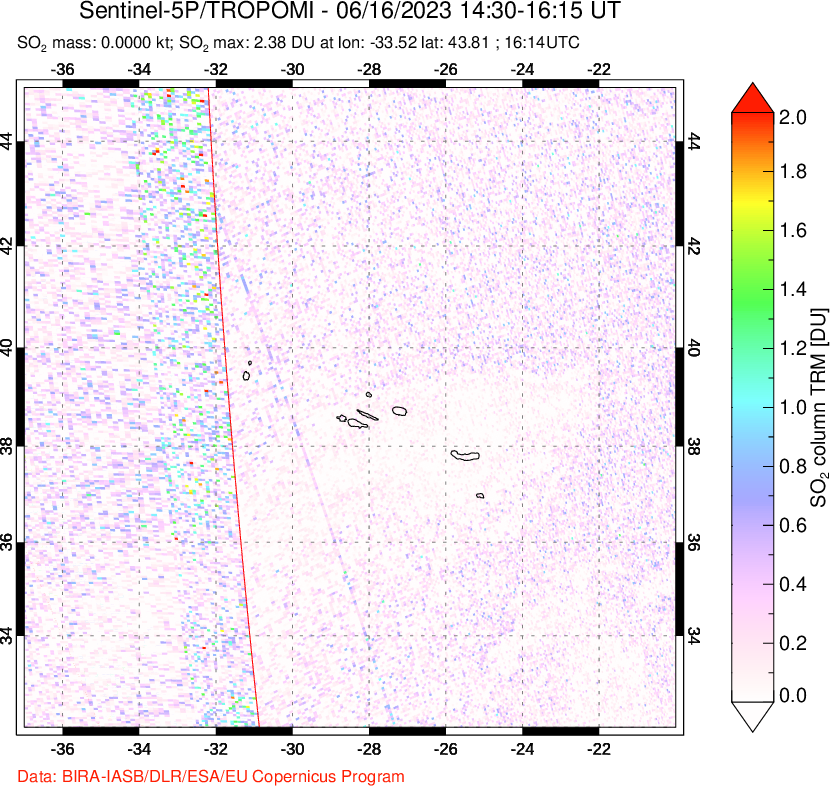 A sulfur dioxide image over Azore Islands, Portugal on Jun 16, 2023.