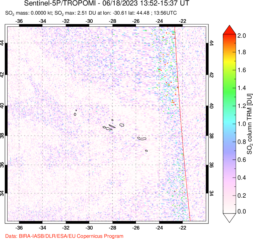 A sulfur dioxide image over Azore Islands, Portugal on Jun 18, 2023.