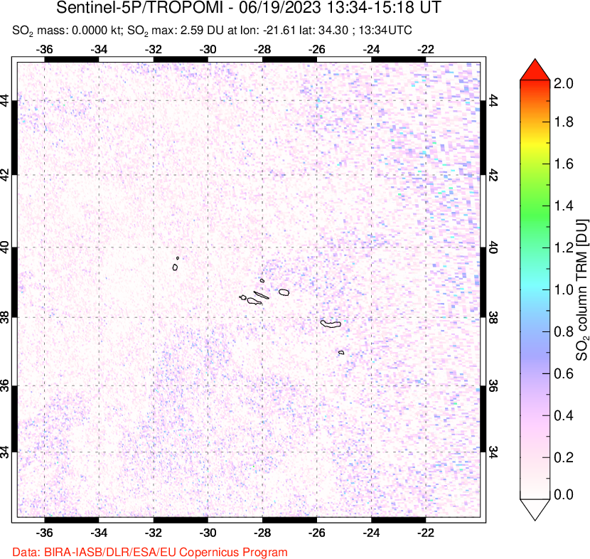 A sulfur dioxide image over Azore Islands, Portugal on Jun 19, 2023.