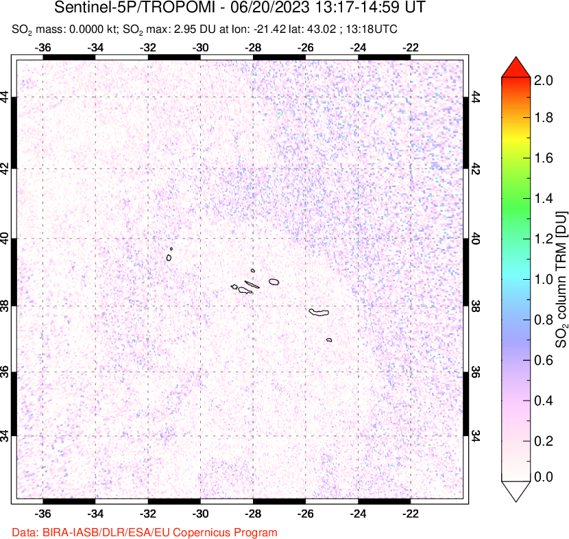 A sulfur dioxide image over Azore Islands, Portugal on Jun 20, 2023.