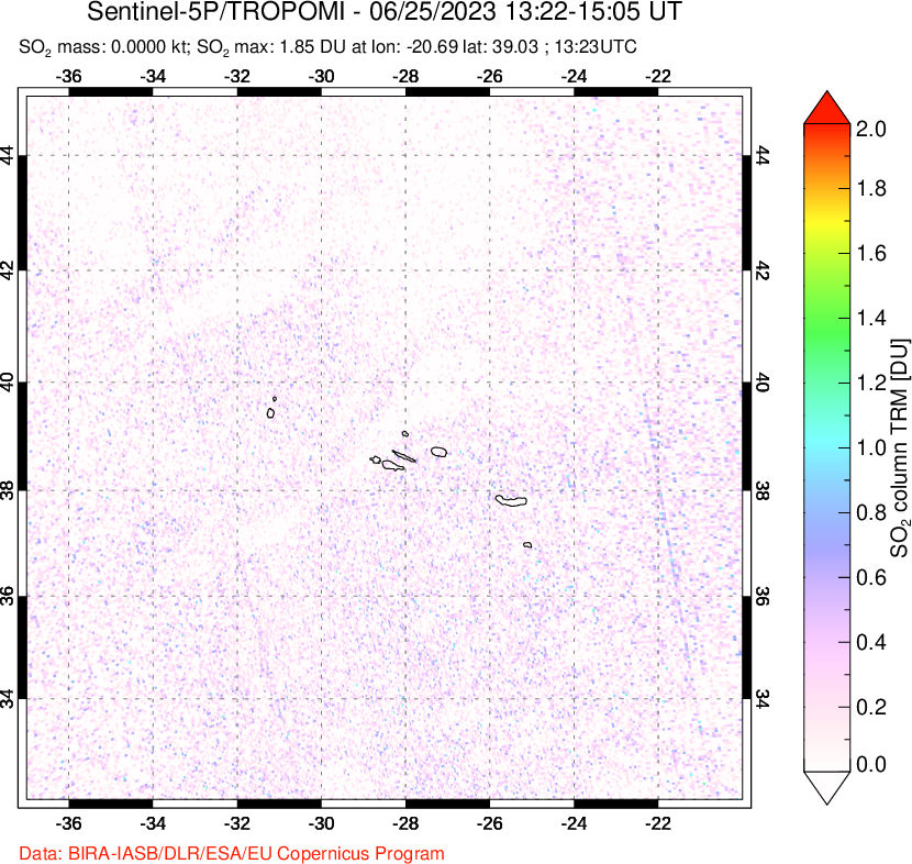 A sulfur dioxide image over Azore Islands, Portugal on Jun 25, 2023.