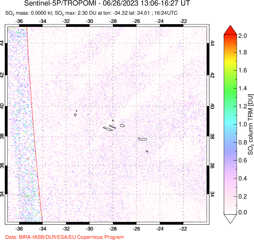 A sulfur dioxide image over Azore Islands, Portugal on Jun 26, 2023.