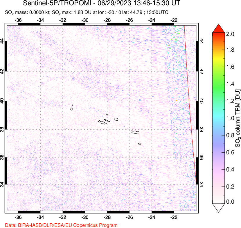 A sulfur dioxide image over Azore Islands, Portugal on Jun 29, 2023.