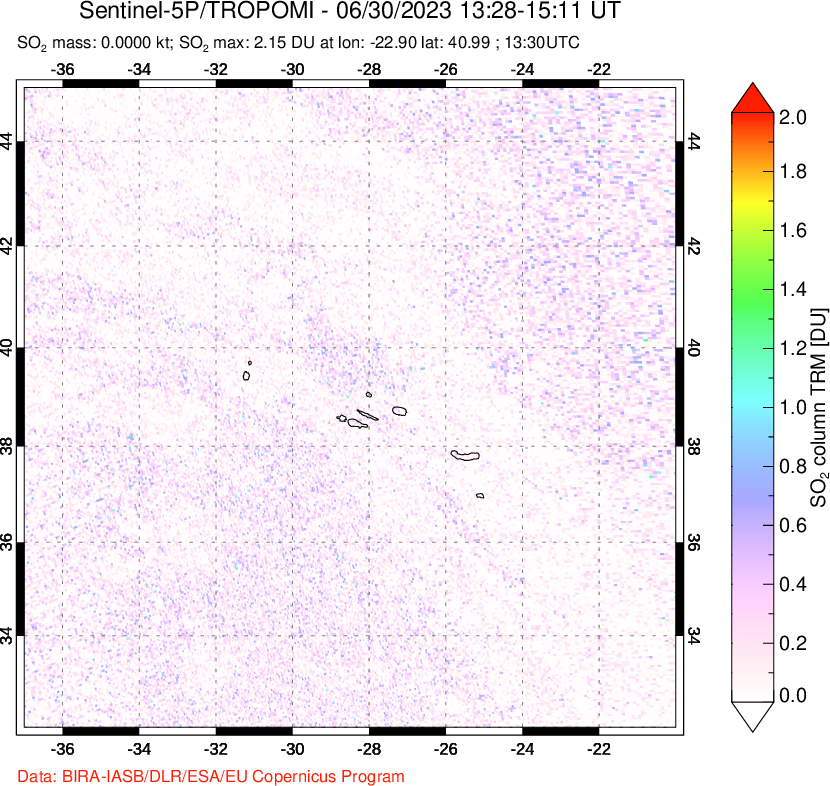 A sulfur dioxide image over Azore Islands, Portugal on Jun 30, 2023.