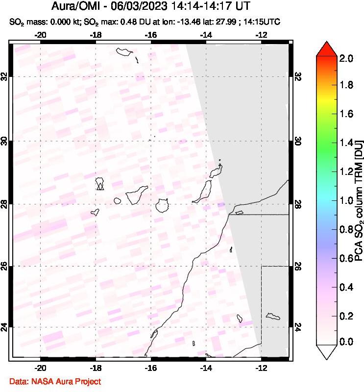 A sulfur dioxide image over Canary Islands on Jun 03, 2023.