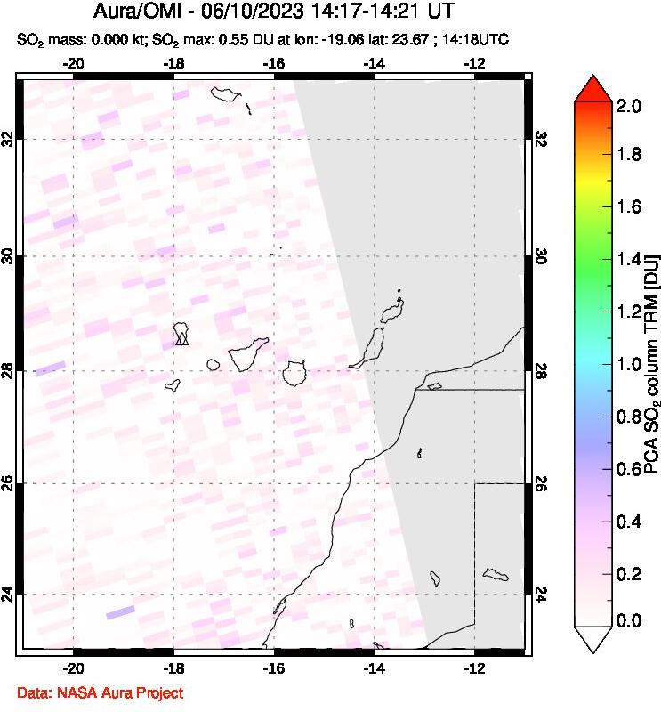 A sulfur dioxide image over Canary Islands on Jun 10, 2023.