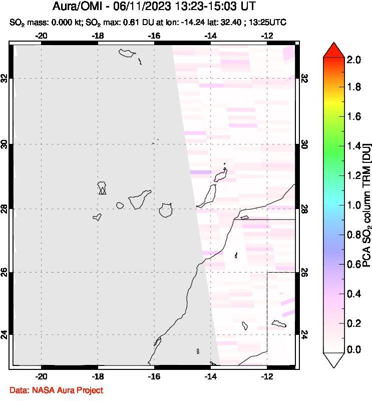 A sulfur dioxide image over Canary Islands on Jun 11, 2023.