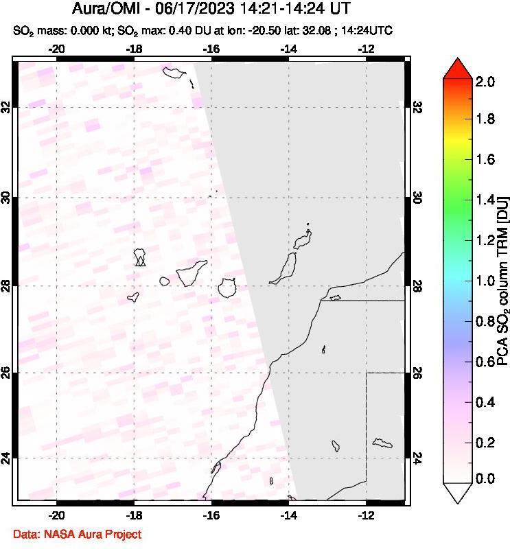 A sulfur dioxide image over Canary Islands on Jun 17, 2023.