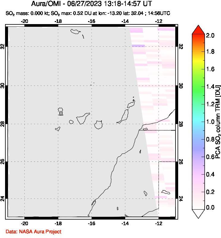 A sulfur dioxide image over Canary Islands on Jun 27, 2023.