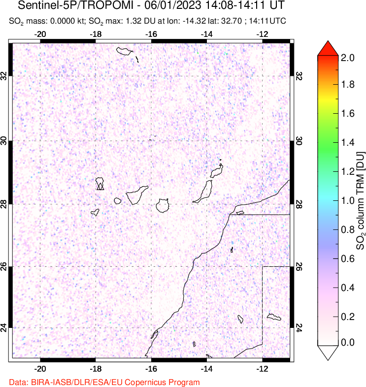 A sulfur dioxide image over Canary Islands on Jun 01, 2023.