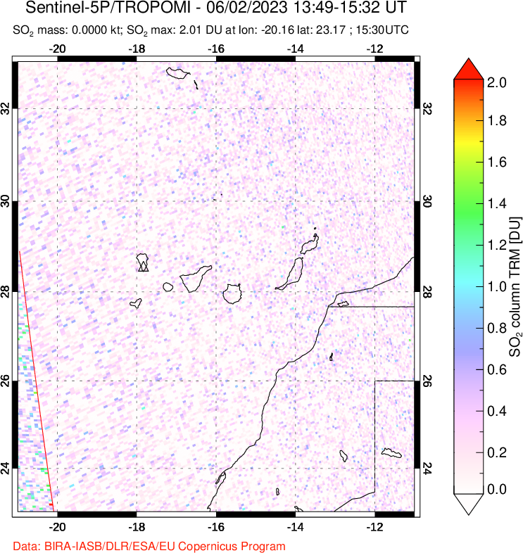 A sulfur dioxide image over Canary Islands on Jun 02, 2023.
