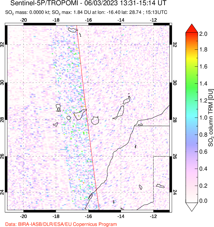 A sulfur dioxide image over Canary Islands on Jun 03, 2023.