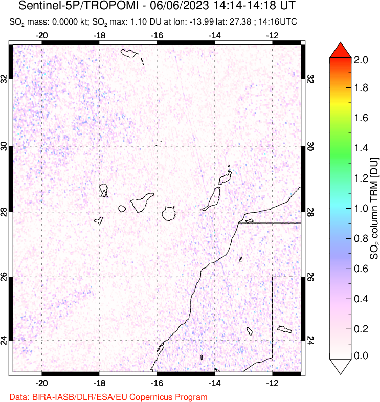 A sulfur dioxide image over Canary Islands on Jun 06, 2023.